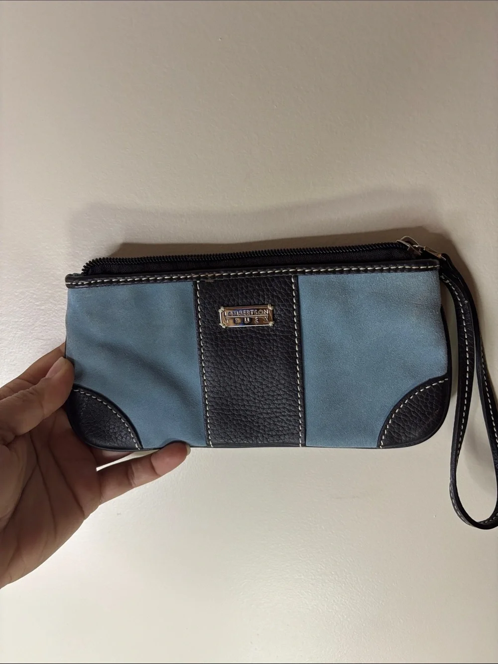 Lambertson Truex Blue and Dark Brown Leather-Trim Wristlet Clutch